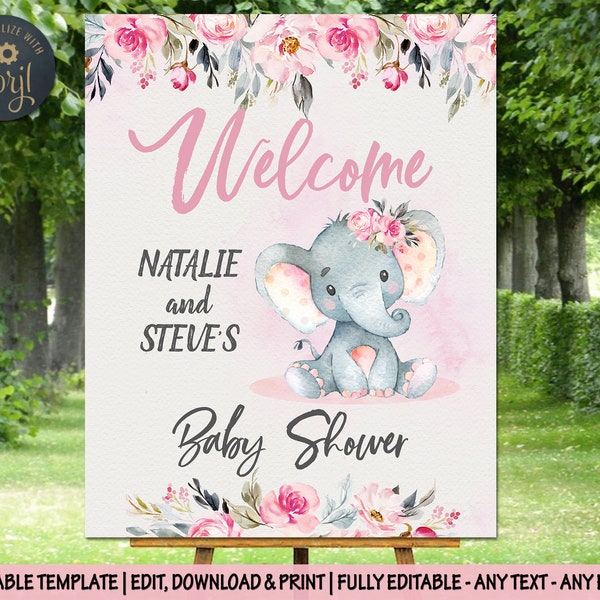 Pink elephant Welcome Sign baby shower welcome sign baptism welcome sign birthday party welcome sign baby girl pink roses baby shower decor