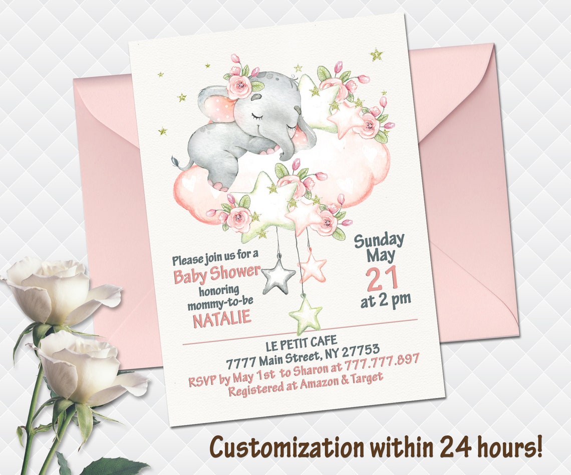 Baptism Elephant invitation for baby girl pink Christening Etsy