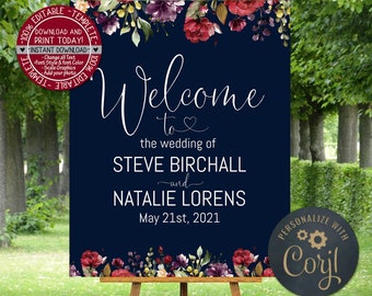 Marsala Wedding Welcome Sign floral bohemian Welcome Poster burgundy Personalized pink red Navy blue wedding print roses peonies Decor