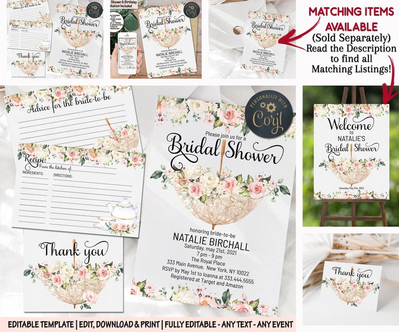 Umbrella bridal shower invitation pink peonies editable wedding bachelorette invite Pink roses spring advice for bride recipe thank you card image 1