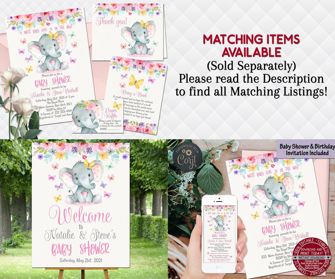 Elephant Butterflies Baby Shower Invitation Editable Birthday Etsy