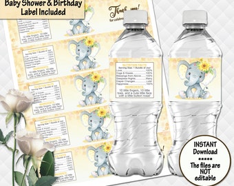 Elephant sunflowers water Bottle Labels girl baby shower Birthday water stickers Bottle Wrappers baby shower Favor bottle wrappers