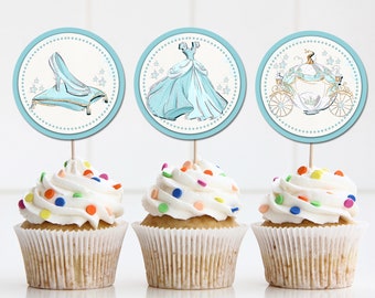 Fairytale Princess Cinderella Baby Shower cupcake toppers Birthday round tags thank you DIY set of party bag décor decoration guests gift