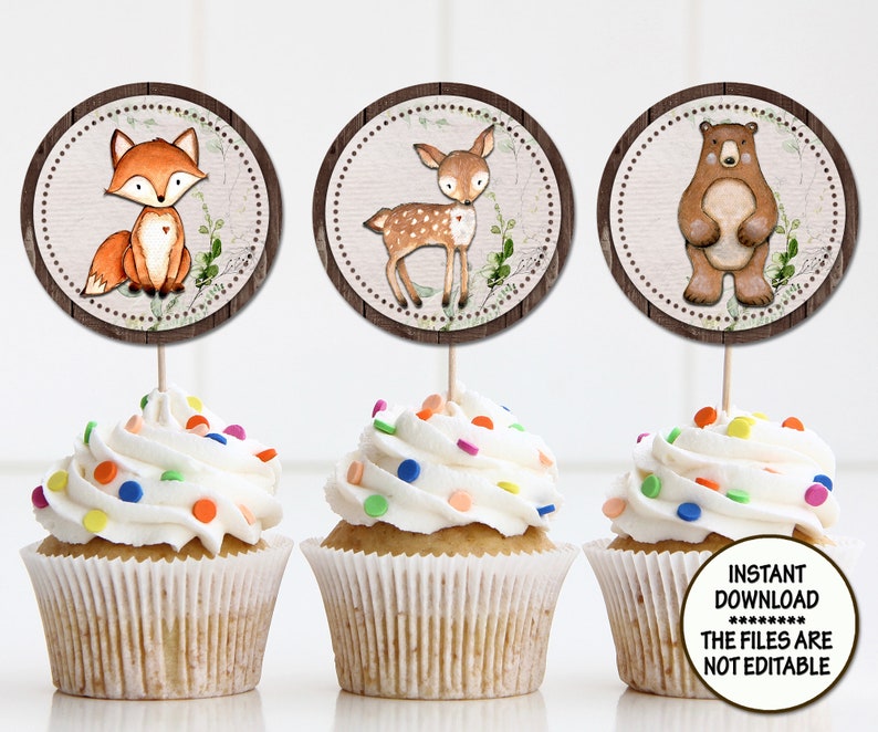 Woodland Baby Shower cake toppers Birthday round tags thank you tags DIY set of tags party bag dcor table decoration guests