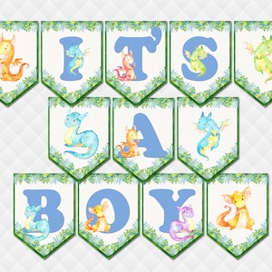 Dragons banner It's a boy sign baby shower decoration toddler wall letters bunting banner Dragon jungle custom digital banner blue green