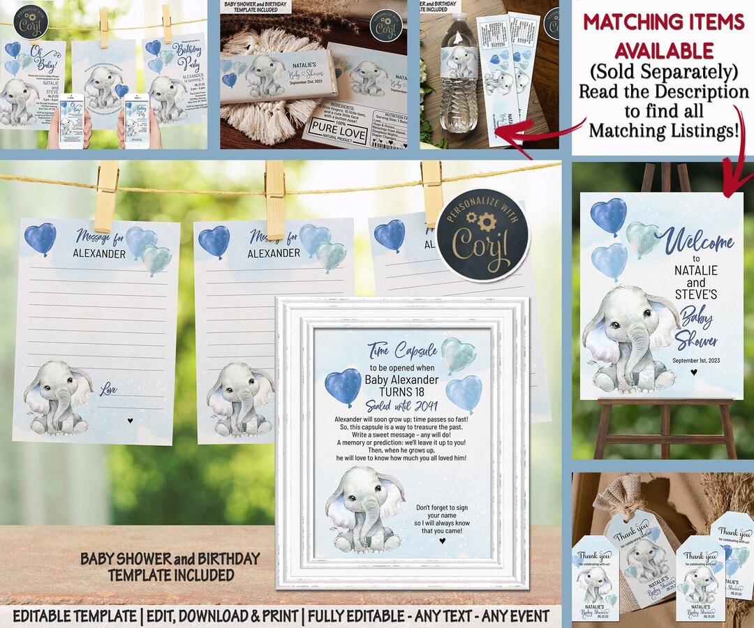 Elephant Baby Shower Time Capsule Birthday Time Capsule Game Blue