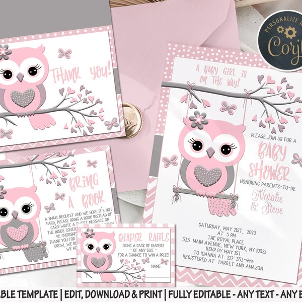 Owl Baby Shower Invitation girl birthday Invite with Inserts Pink owl Diaper Raffle ticket Bring A Book insert Thank you card digital