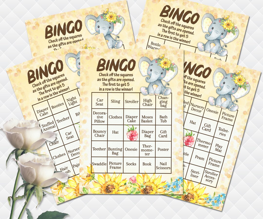 Elephant Floral Baby Shower Bingo Cards Printable Yellow Sunflowers ...