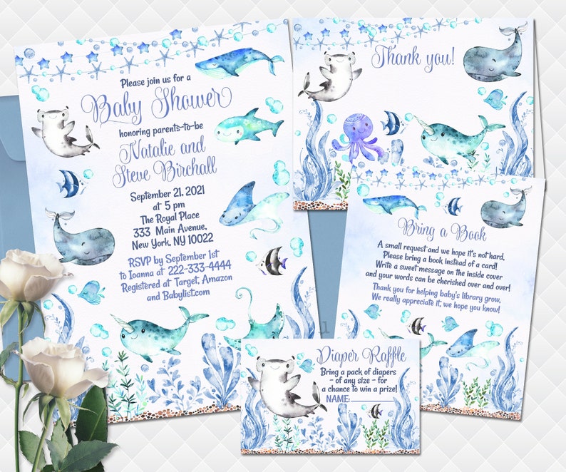 Under the Sea Baby Shower Editable Invitation Set Boy Invite Etsy