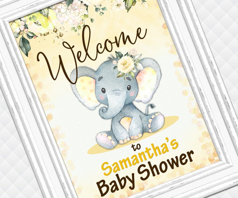 Welcome Sign elephant baby shower welcome sign baptism welcome sign birthday party welcome sign baby girl yellow brown roses sign