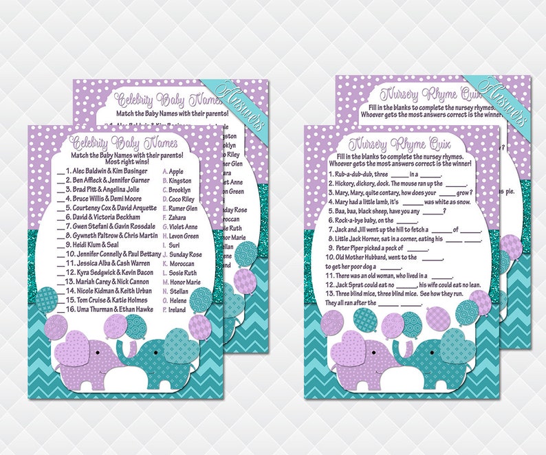 Elephant Game package baby shower purple teal activities for guests Bingo What/'s in Your Purse Quiz Celebrity Animals Pass the gift pack