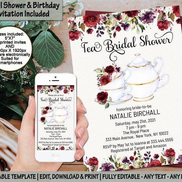 Tea bridal shower invitation editable teapot cups invite floral Pink red roses peonies birthday baby shower Bachelorette electronic invite