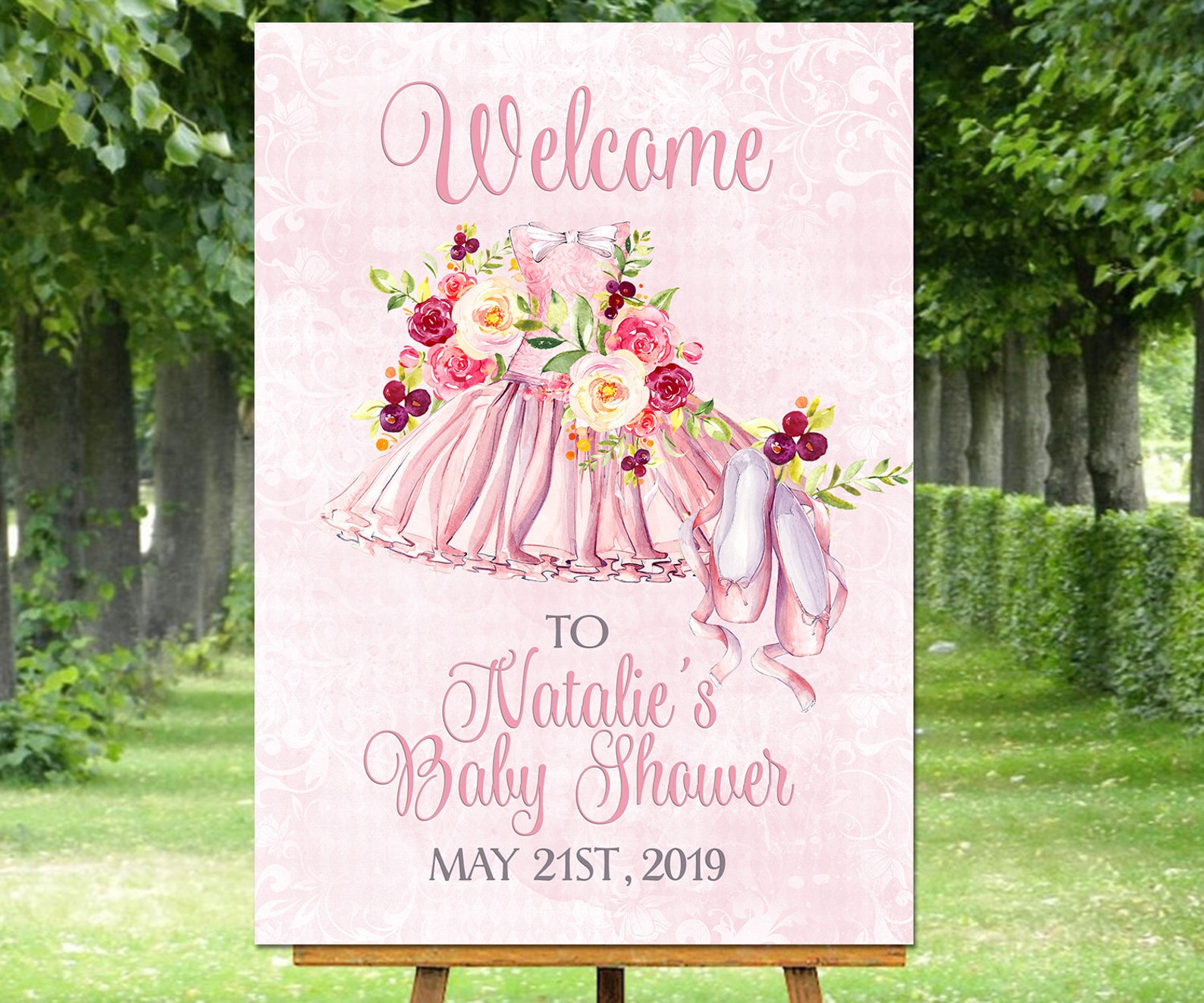 ballerina baby shower welcome sign floral pink roses ballet shoes welcome poster tutu welcome to baby shower signs sign for baby
