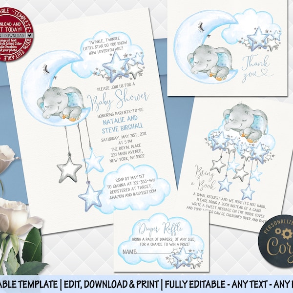 Elephant moon baby shower invitation Twinkle Twinkle little star birthday Invite for baby boy editable diaper raffle bring book thank you