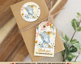 Yellow Elephant Baby Shower tags pink floral cupcake topper birthday tags party bag décor table decoration guests gift bag digital tag label