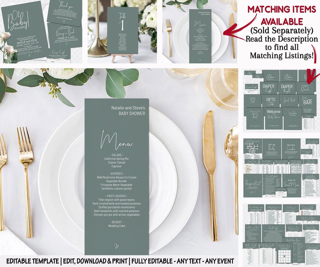 Sage Green Wedding Menu Cards Baby Shower Dinner Menu Template Editable
