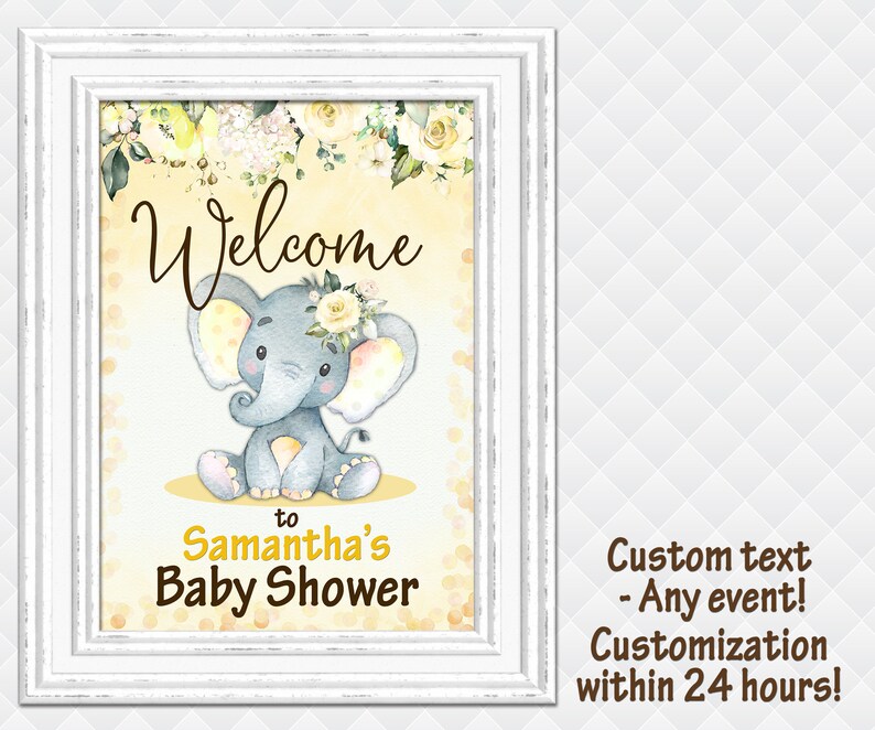 Welcome Sign elephant baby shower welcome sign baptism welcome sign birthday party welcome sign baby girl yellow brown roses sign