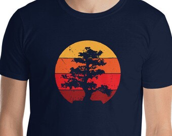 Bonsai Japanese Unisex T-Shirt - Vintage retro look with a distressed design and abstract sun panels.