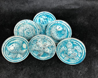 Beach knobs, distressed seaside knobs, sea glass knobs, ocean style knobs, turquoise antique knobs, sea creatures knobs, classic beach knobs