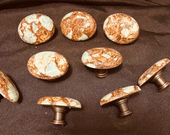 Sea blue and bronze Jasper oval stone knob for drawers, bath or a gift. Cabinet HARDWARE. A bundle of 8 knobs for a remodel or holiday gift.