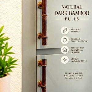 Bamboo cabinet hardware. Pulls from 3" to 12" and 2" knobs. Custom orders available. Elegant handles of dark brown wood.