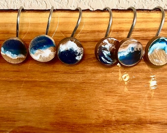 Resin Ocean Wave Shower Curtain Hooks (Set of 12). Beach inspired bath hangers. Bathroom hardware