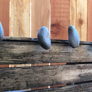 May include: Five smooth, grey stones are mounted on a weathered wooden surface. The stones are arranged in a row, with the ends of the stones slightly overlapping.