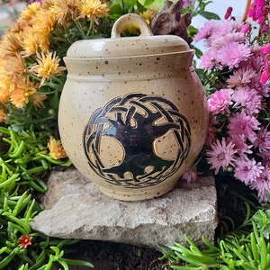 Puede incluir: Un tarro de cerámica beige con tapa y un diseño de árbol de la vida negro. El tarro está sentado en una roca rodeado de plantas verdes y flores rosas.