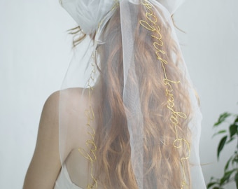 Embroidered veil golden embroidery gold thread love languages phrases words hair bow custom with pearls pearl pearly wedding bridal