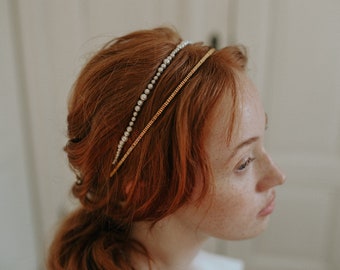 BESPOKE Simple headband set: beaded gold thin headband and pearl minimal tiara