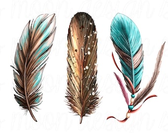 May include: Three feathers with different colors and patterns. The feathers are brown, tan, and turquoise with white accents. The turquoise feather has a beaded accent.
