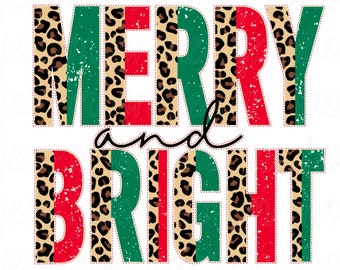 Op de afbeelding: Een kerstthema-afbeelding met de tekst "Merry and Bright" in een verweerd lettertype. De letters zijn gelaagd met een luipaardprint en rode, groene en bruine strepen.