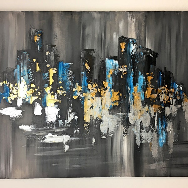 Original Acrylic Abstract Painting on Canvas 'Misty City Night' - Modern Art (18"x24")