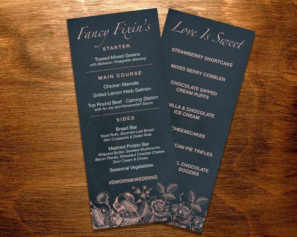 Menu Card Wedding Dinner Party Rehearsal Shower Holiday Etsy