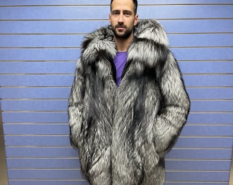 Luxury Full Skin Silver Fox Fur Mens Coat Real DOUBLE Side Rex Fur With Hood