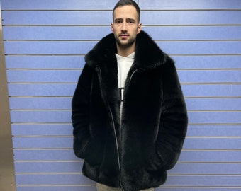 Luxury Full Skin Black Fox Fur Mens Coat Real Fur Jacket Skin to