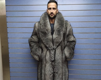 Luxury Full Skin Blue Frost Fox Fur Mens Coat Real Fur Long Coat Skin To Skin Frost Big Collar