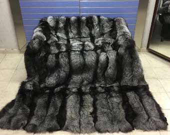 Luxury Full Skin Silver Fox Fur Throw Real Fox Fur Blanket / Bedspread