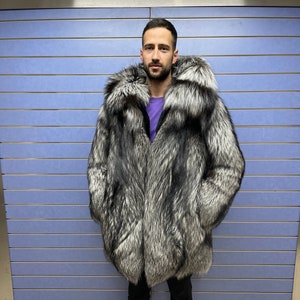 Luxury Full Skin Silver Fox Fur Mens Coat Real DOUBLE Side Rex Fur With Hood