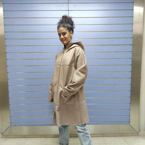 Luxury Rose-Gold Long Mouton Leather Coat With Hood Real Sheep Skin Coat Full Skin Mouton Coat