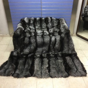 Luxury Full Skin Silver Fox Fur Throw Real Fox Fur Blanket / Bedspread