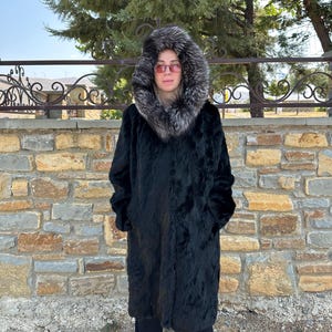 Natural Black Mink Fur Coat With Hood Real Mink Coat With Fox Trim