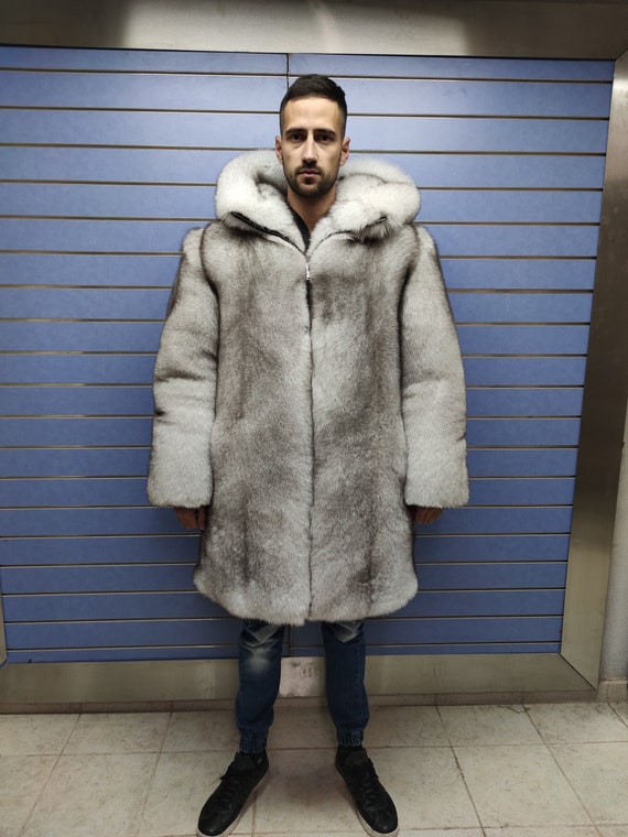 Luxury Full Skin Doublesided Blue Fox Fur Mens Coat Real Fur White
