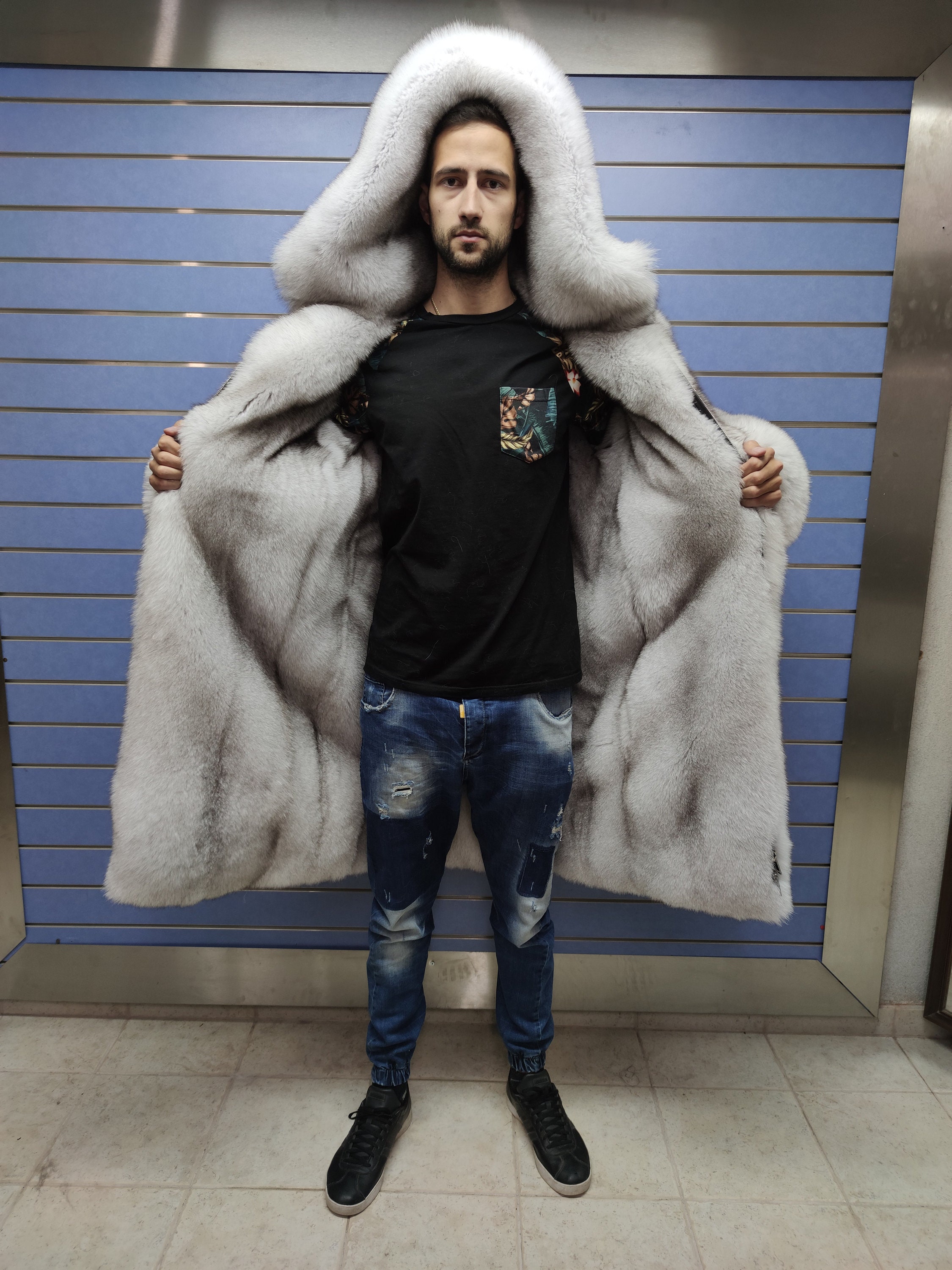 高級フルスキン 両面ブルーフォックスファー メンズコート 本物の毛皮