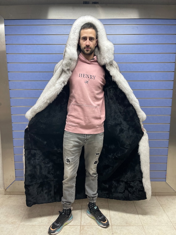 Luxury Full Skin Double Sided Blue Fox Fur Mens Coat Real Fur