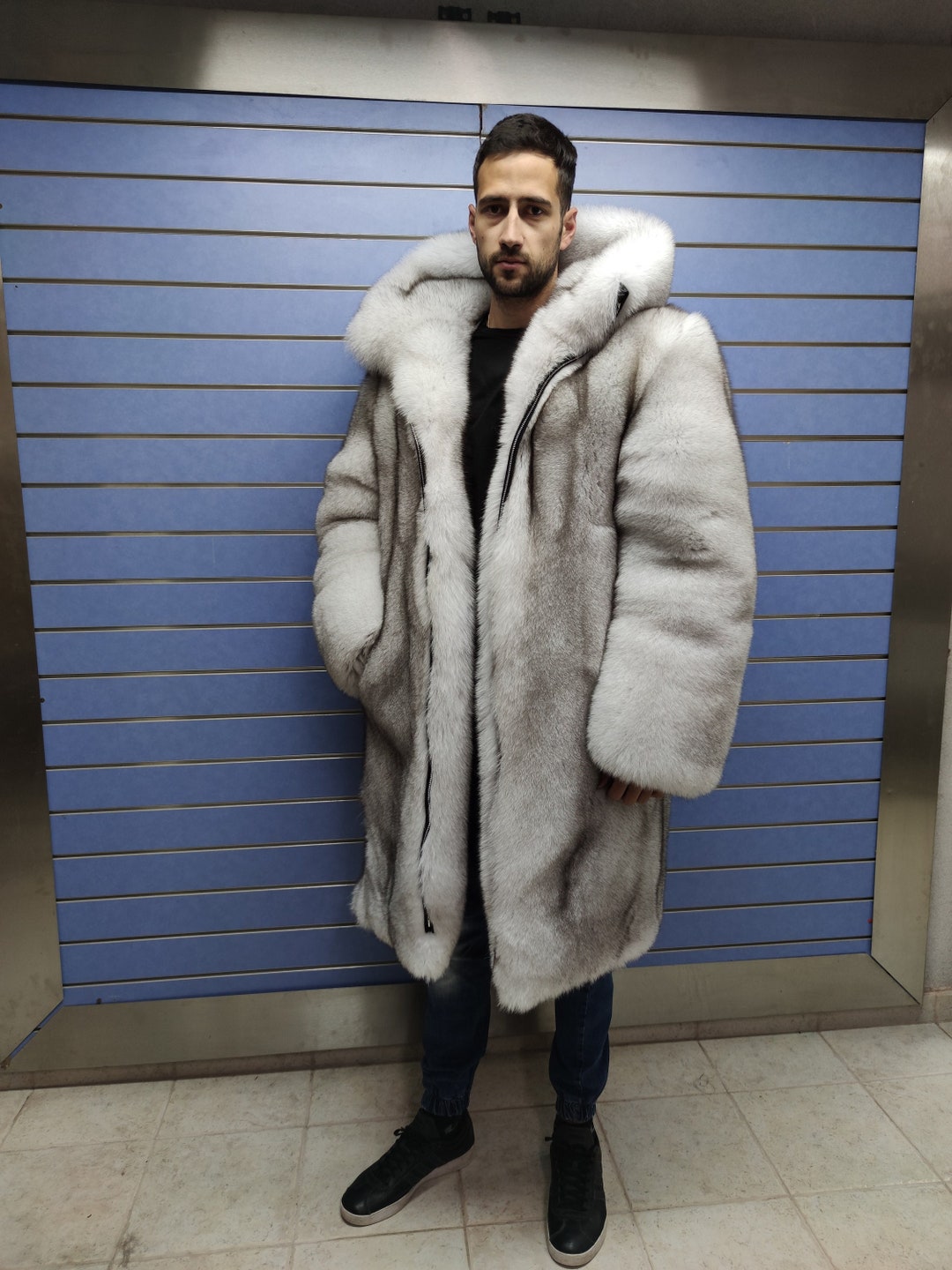 高級フルスキン 両面ブルーフォックスファー メンズコート 本物の毛皮