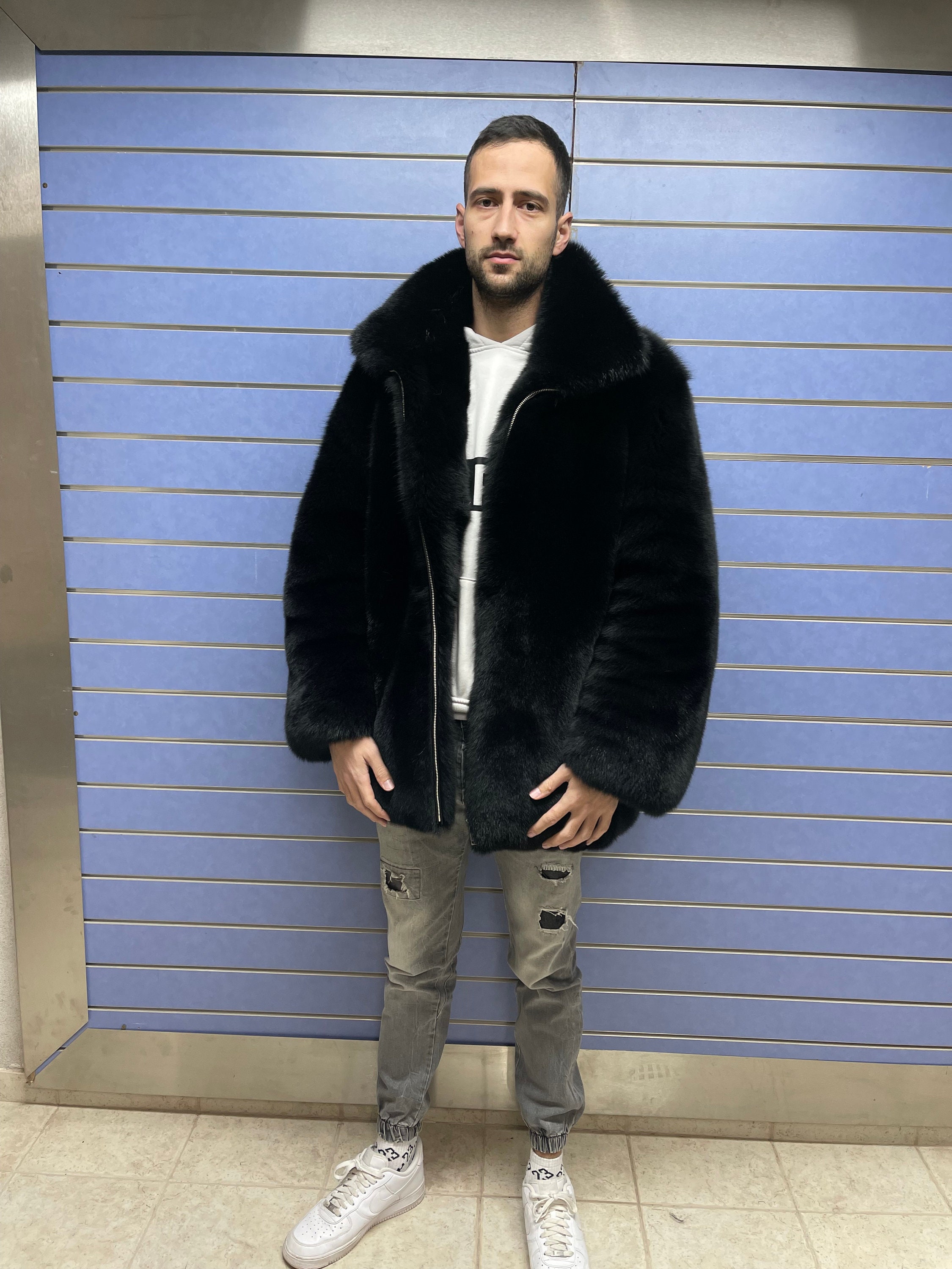 Luxury Full Skin Black Fox Fur Mens Coat Real Fur Jacket Skin to