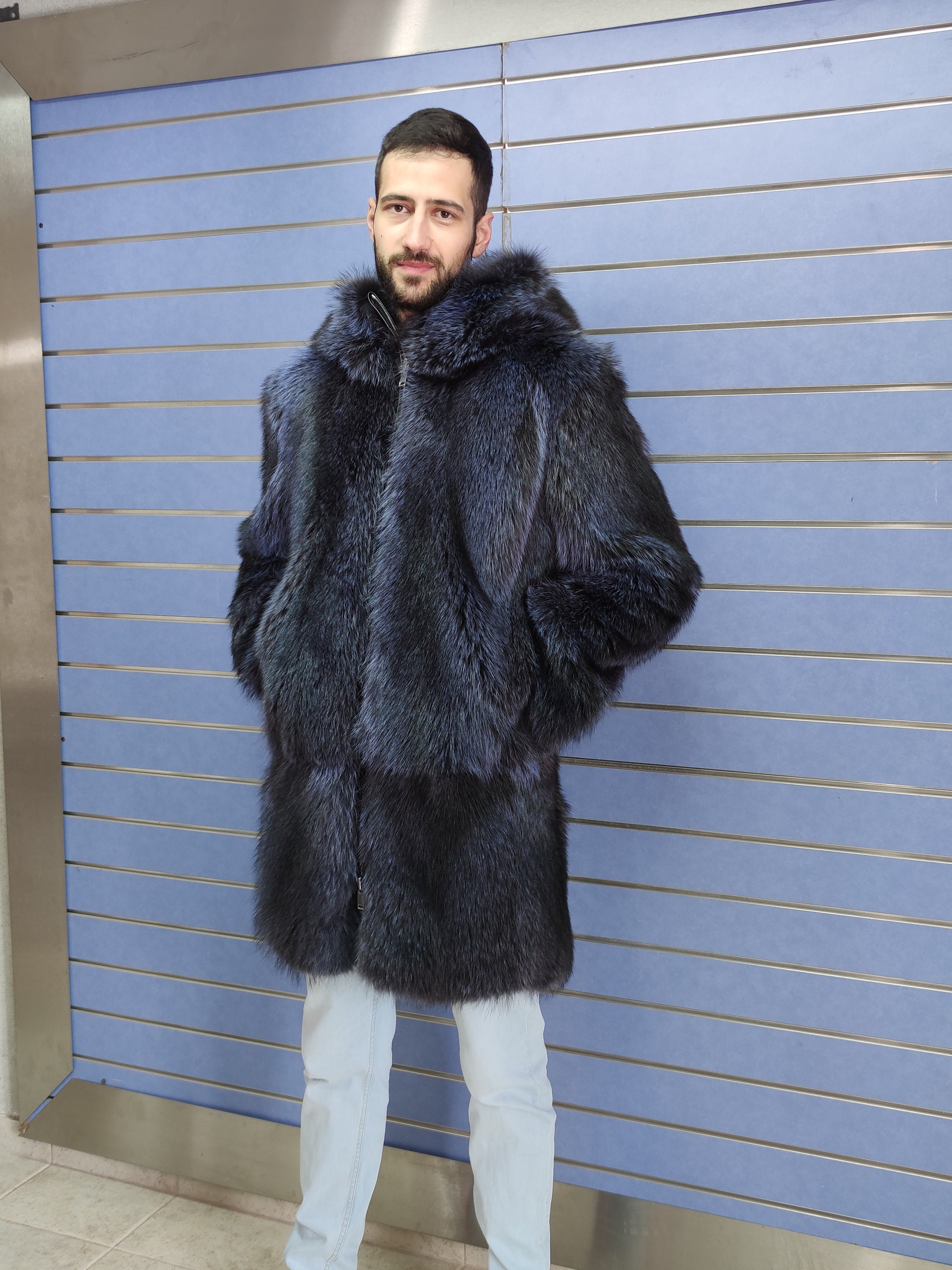 Mens Whole Skin Real Raccoon Fur Coat Man Winter Genuine Fur Jacket Shawl  Collar
