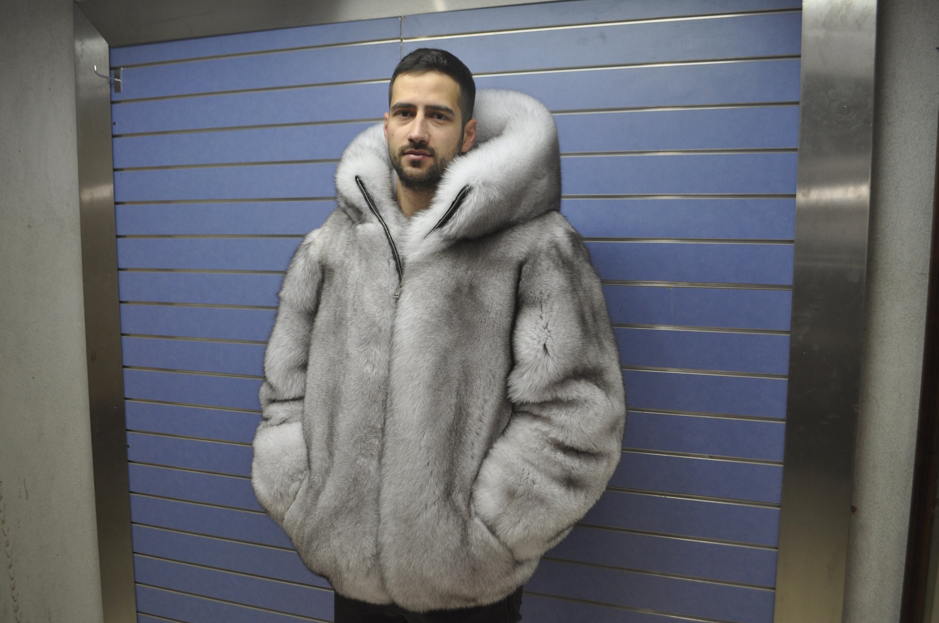 Luxury Full - Fur Blue Skin Real Skin Fox Fur Mens Blue Skin Fox Skin Etsy Jacket Full to Bomber Hood With