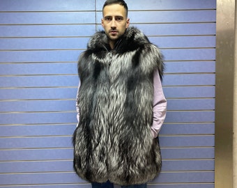 Luxury Full Skin Silver Fox Vest With Hood 100% Real Fur